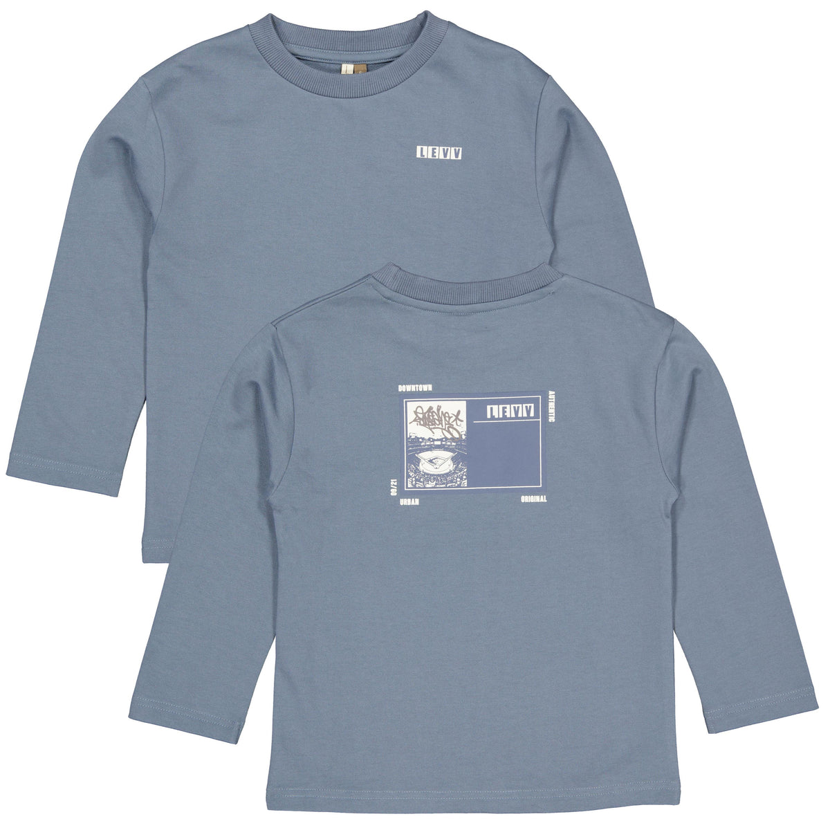 Blauwgrijze longsleeve met rugprint | Mid Blue