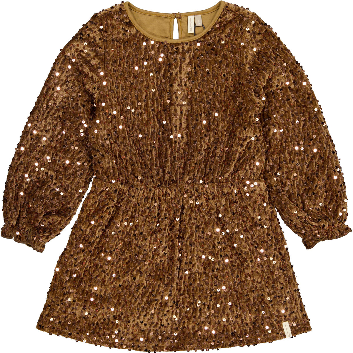 Cognackleurige paillettenjurk met lange mouwen | Brown