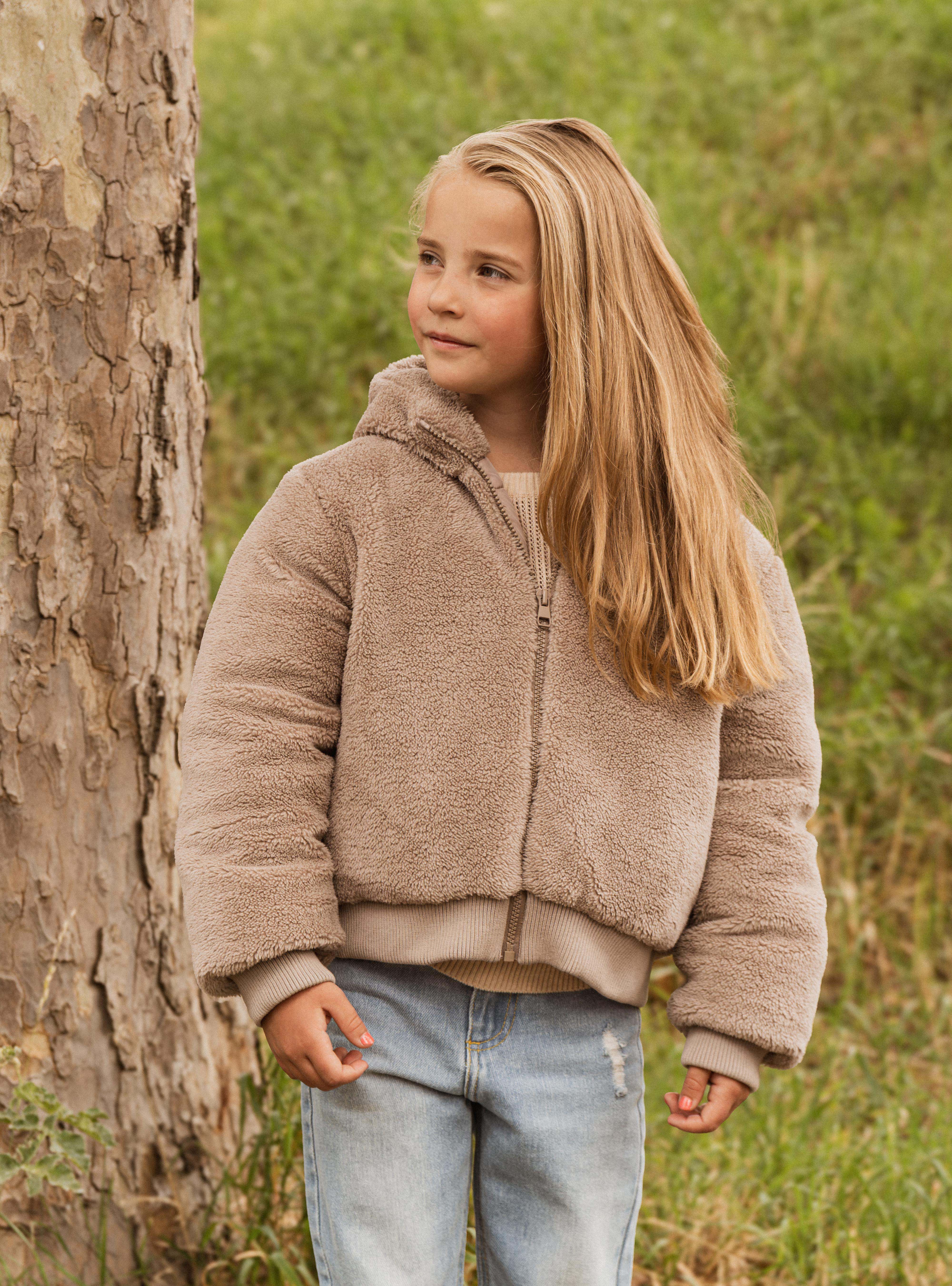 Beige teddy jas met capuchon | Dark Sand