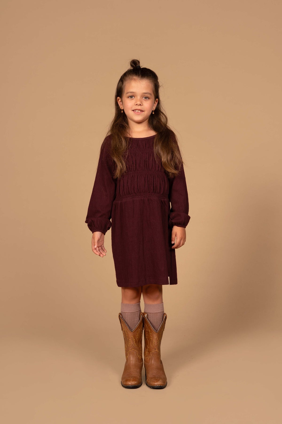 Bordeauxrode jurk met smockwerk | Dark Purple